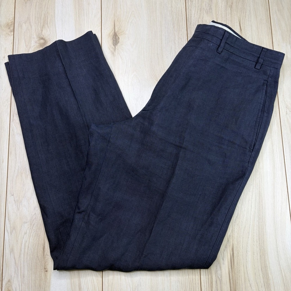 Gran Sasso 100% Flax Dress Pants Mens Size 34x32 Navy Blue Trousers Linen